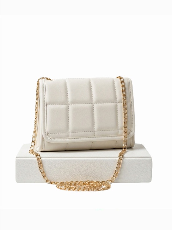 Handbags - New Boho Plaid Quilted Cream Beige Faux Leather Flap Chain Square Crossbody Bag